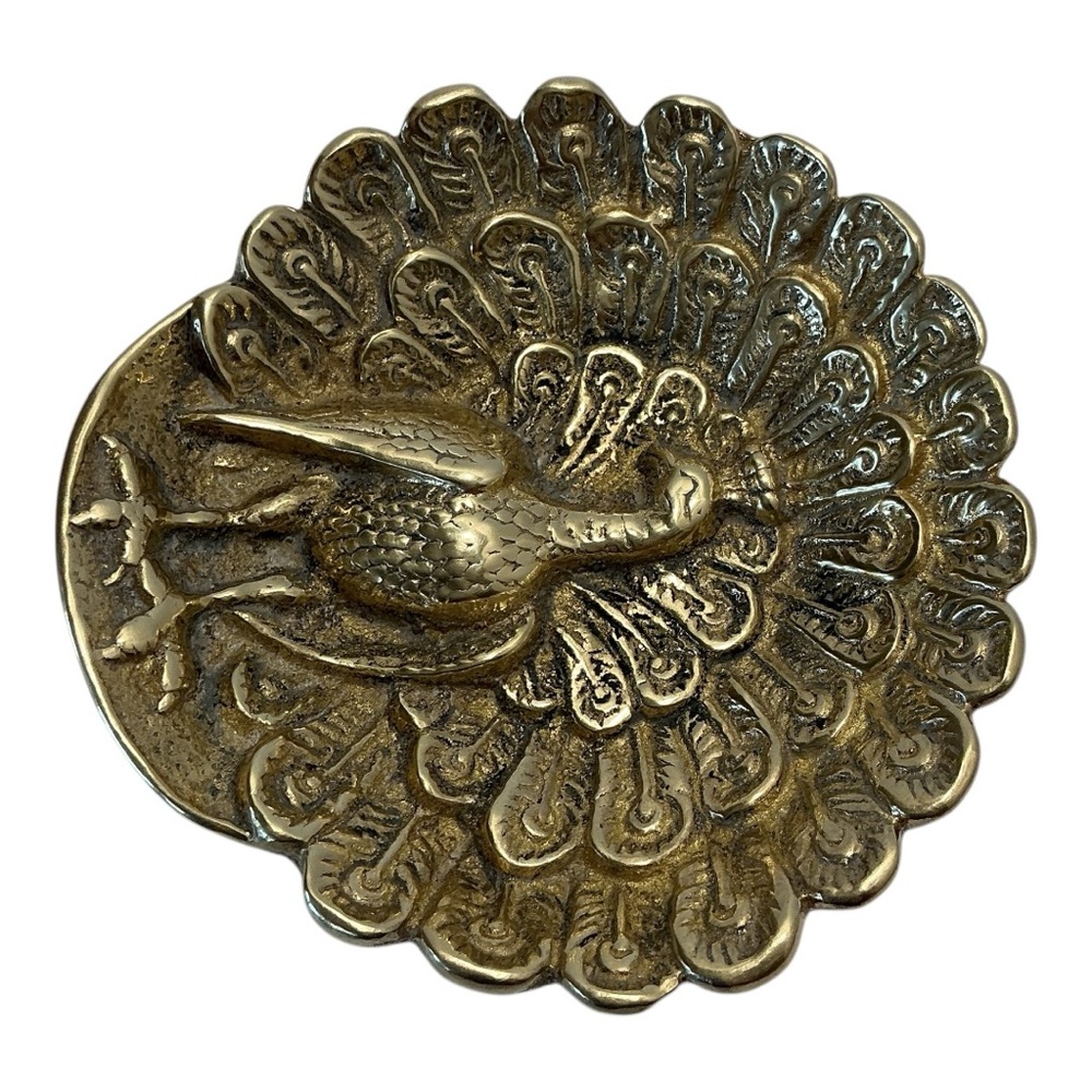 Brass Peacock Trinket Dish Scalloped Edge Embossed Raised 3D Feather Plume VTG - Picture 7 of 16